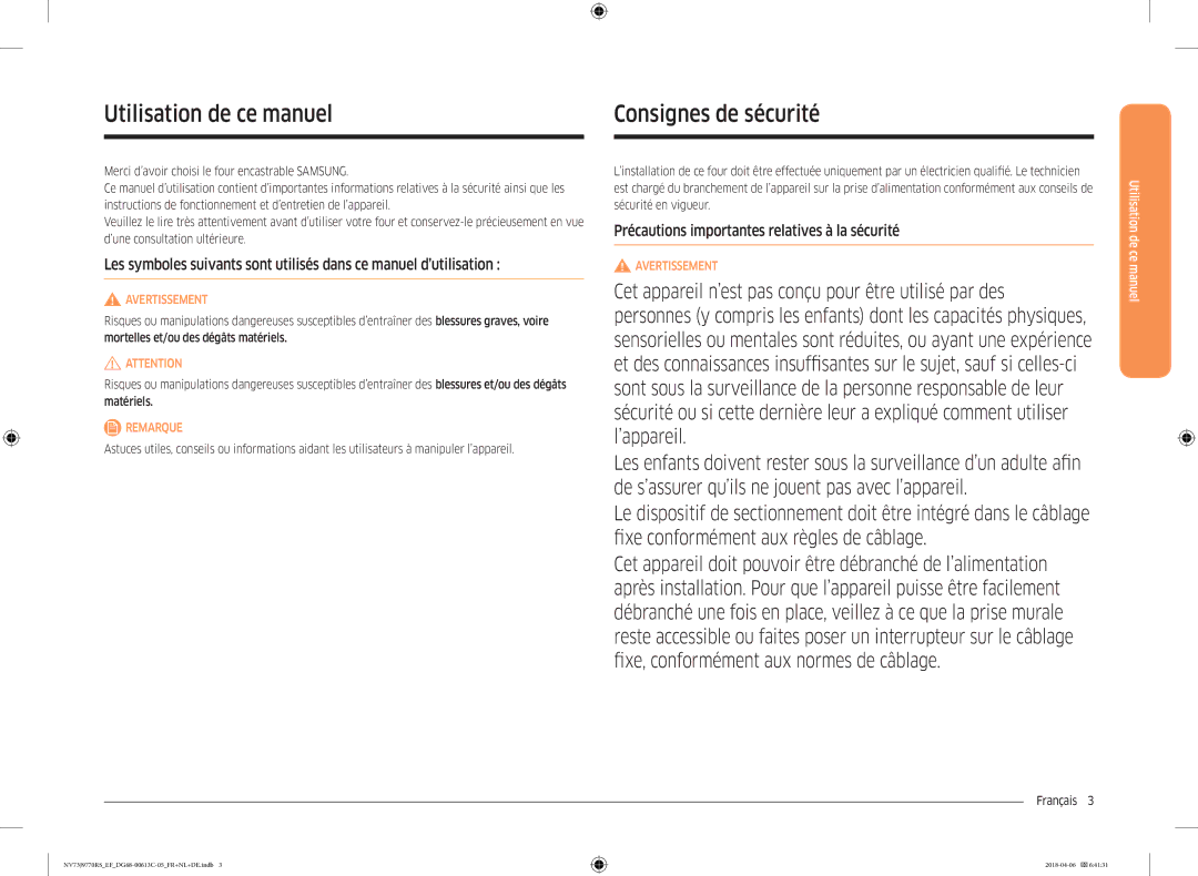 Samsung NV73J9770RS/EF Utilisation de ce manuel, Consignes de sécurité, Précautions importantes relatives à la sécurité 